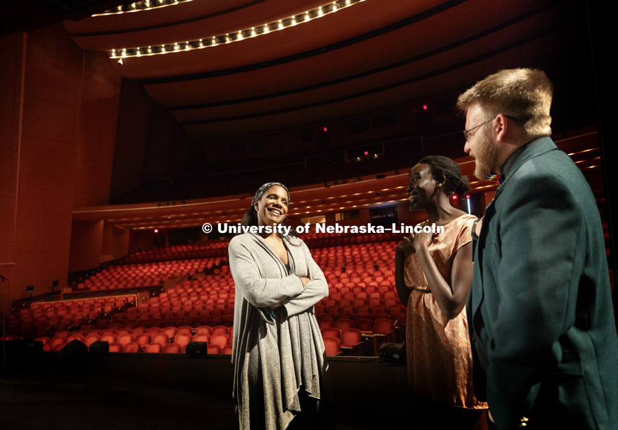Tony-award-winning Audra McDonald speaks with students Aguel Lual and Nick Prior after her question and answer session. McDonald performed later in the evening at the Lied, May 29, 2018. Photo by Craig Chandler / University Communication.