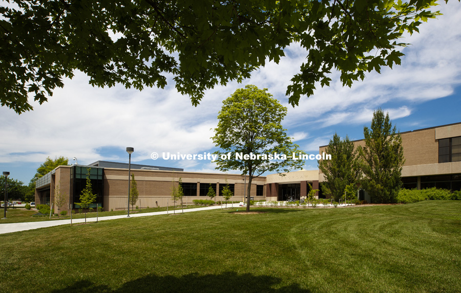 Exterior shot of McCollum Hall,  College of Law Building, May 30, 2018. Photo by Craig Chandler / University Communication.