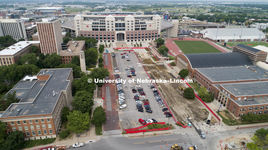 Aerial of construction on Memorial Loop east of Memorial Stadium. June 6, 2018. Photo by Craig Chandler / University Communication.