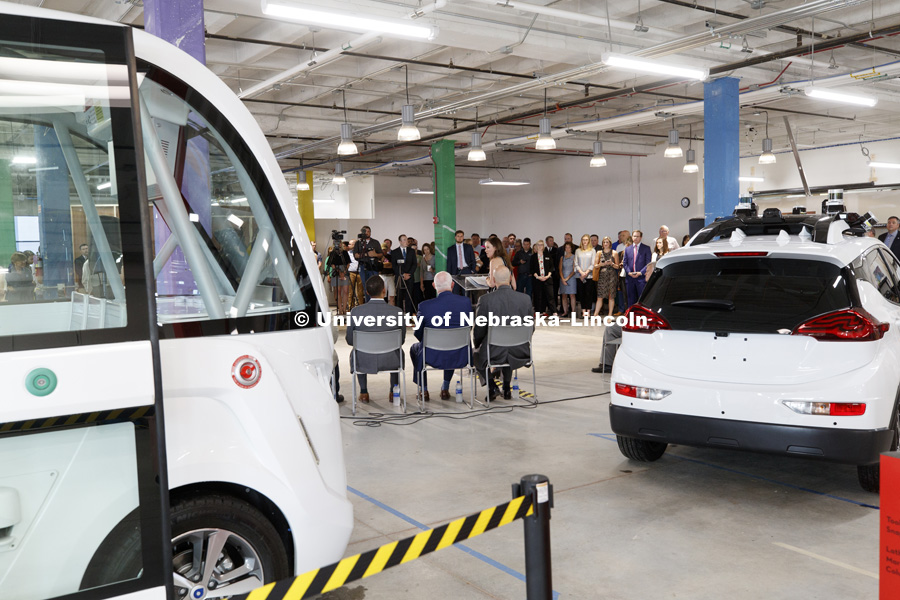 Press conference to announce the signing of LB989 at Nebraska Innovation Campus to allow testing of autonomous vehicles on Nebraska streets and highways. June 25, 2018. Photo by Craig Chandler / University Communication.