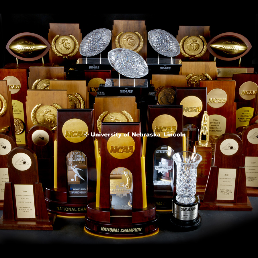 Nebraska's Championship trophies all together. Photographed for the N150 anniversary book. June 26, 2018. Photo by Craig Chandler / University Communication.