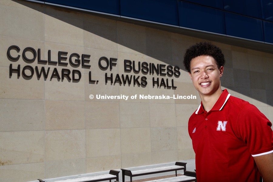 Isaiah Roby, College of Business marketing major is pictured outside of Hawks Hall College of Business. July 19, 2018. Photo by Craig Chandler / University Communication.