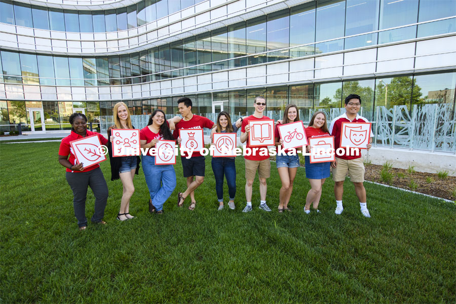 Students holding cards for the  Big Red Resilience program for Student Affairs. July 19, 2018. Photo by Greg Nathan, University Communication Photography.