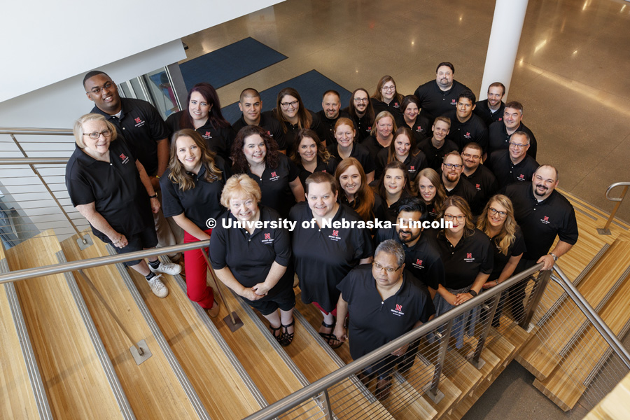 Group photo of Housing staff. August 1, 2018. Photo by Craig Chandler / University Communication.