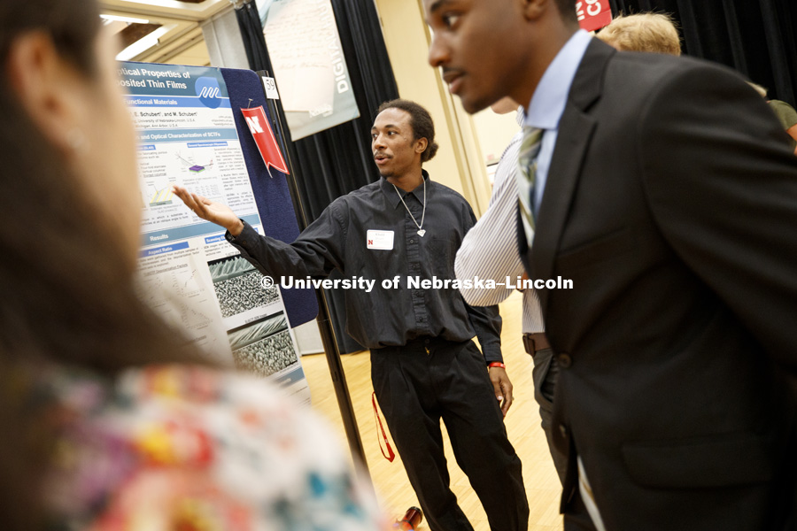 Khalil Bryant, explains his poster entitled "Aspect ratio driven optical properties of glancing angle deposited thin films. Khalil’s research advisor this summer was Mathias Shubert and Khalil was in the Nanohybrid Functional Materials REU program. Summer