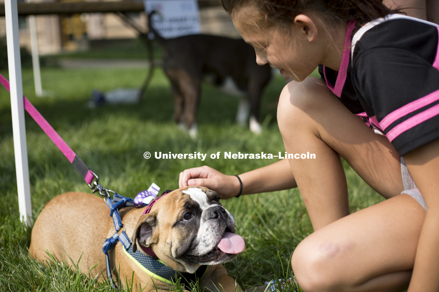 Emily Dodd (right) is greeted by a friendly dog while visiting the Kiosks during the Husker Dog Fest on August 11, 2018 on the University of Nebraska-Lincoln Campus. Photo by Alyssa Mae for University Communication.