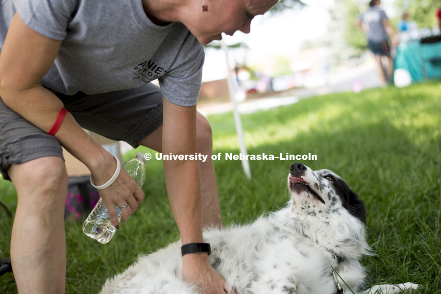 A vendor pets her pooch during the Husker Dog fest on August 11, 2018 on the University of Nebraska-Lincoln Campus. Photo by Alyssa Mae for University Communication.