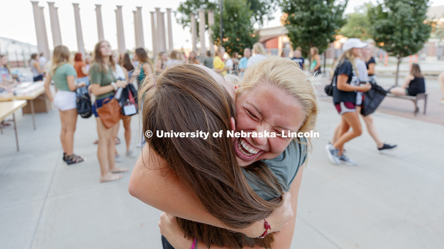 Kaylee Easter hugs her friend, Kaitlyn Herold at Sorority recruitment check in and information meetings. August 12, 2018. Photo by Craig Chandler / University Communication.