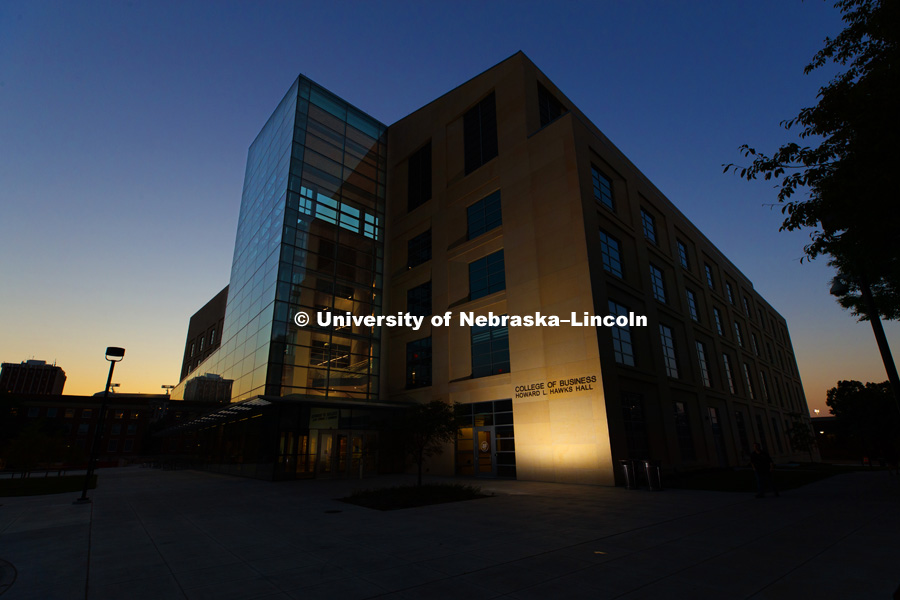 Exterior shot of Howard L. Hawks Hall, College of Business at dusk. August 17, 2018. Photo by Craig Chandler / University Communication.