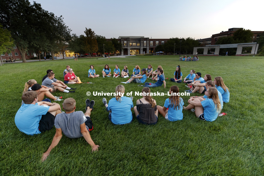 Groups met on the green space following the Learning Community Welcome Event in the rec center. August 17, 2018. Photo by Craig Chandler / University Communication.