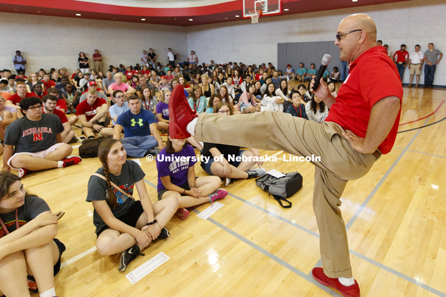 Mike Boehm, Vice Chancellor for the Institute of Agriculture and Natural Resources, shows off his new Husker red shoes at the new student welcome for CASNR students. August 17, 2018. Photo by Craig Chandler / University Communication.