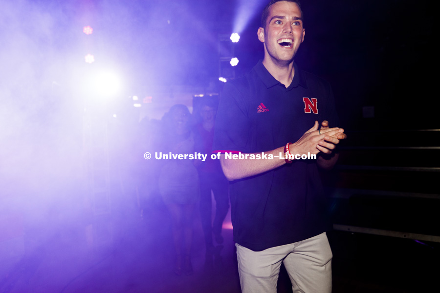 ASUN President, Hunter Traynor leads a tunnel walk of administrators into the new student convocation at Bob Devaney Sports Center. August 17, 2018. Photo by Craig Chandler / University Communication.