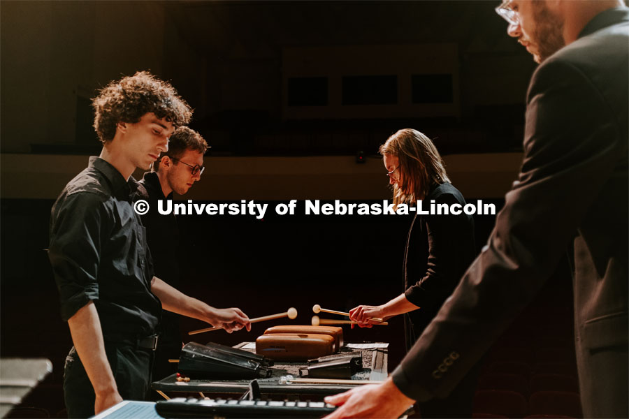 Grad Students playing woodblocks, Percussion Ensemble rehearsal. August 17, 2018. Photo by Justin Mohling / University Communication.