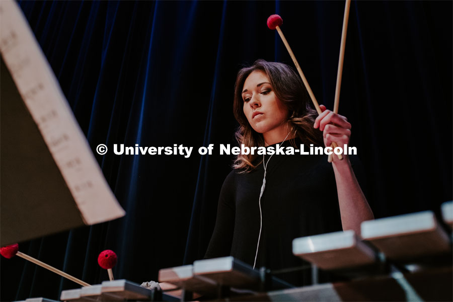 Olivia Boldt playing vibraphone, Percussion Ensemble rehearsal. August 17, 2018. Photo by Justin Mohling / University Communication.