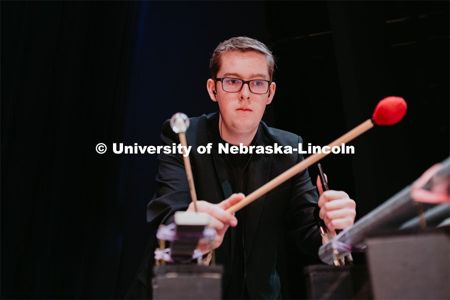 Andrew Wray playing percussion, Percussion Ensemble rehearsal. August 17, 2018. Photo by Justin Mohling / University Communication.