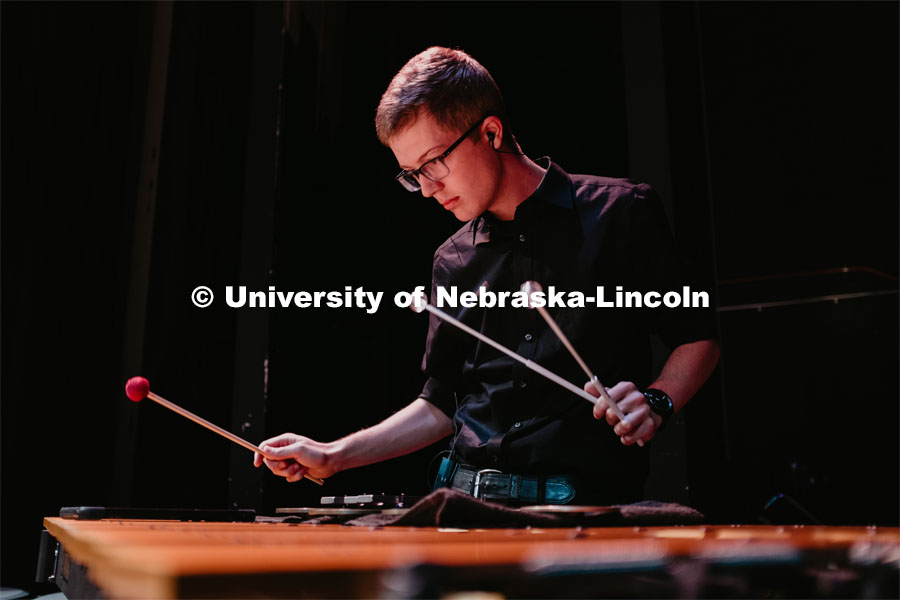 Ryan Kimball playing mallets, Percussion Ensemble rehearsal. August 17, 2018. Photo by Justin Mohling / University Communication.