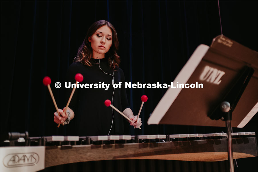 Olivia Boldt playing the vibraphone, Percussion Ensemble rehearsal. August 17, 2018. Photo by Justin Mohling / University Communication.