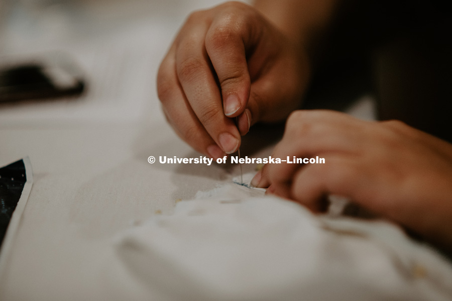 Student working on sewing a costume in Costume Design class in the Temple Building. August 29, 2108. Photo by Justin Mohling, University Communication.