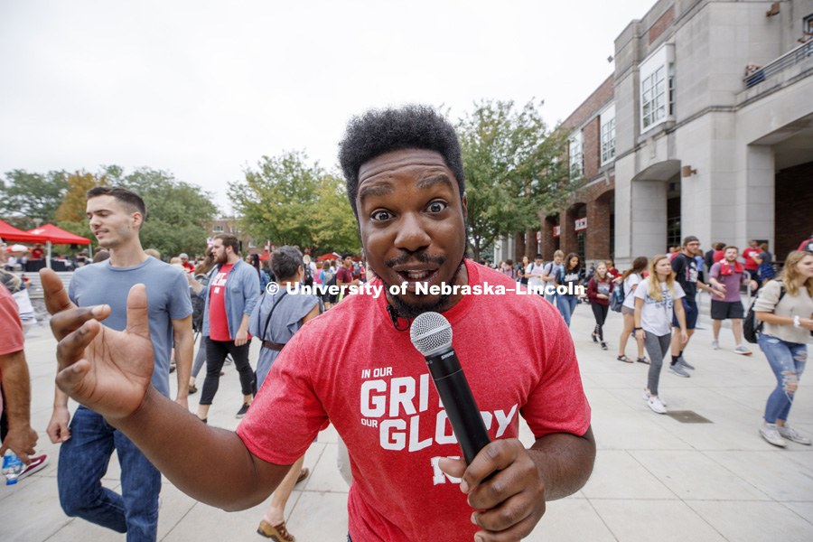 DeWayne Taylor MCs the event. In Our Grit, Our Glory brand reveal party on city campus at the Nebraska Union. August 30, 2018. Photo by Craig Chandler / University Communication.