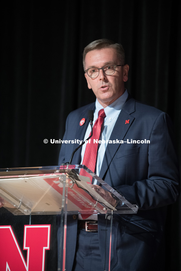 Chancellor Ronnie Green announces the new brand for the University to faculty and staff before the big reveal to the students. In Our Grit, Our Glory brand reveal party on city campus at the Nebraska Union. August 30, 2018. Photo by Greg Nathan, University Communication.
