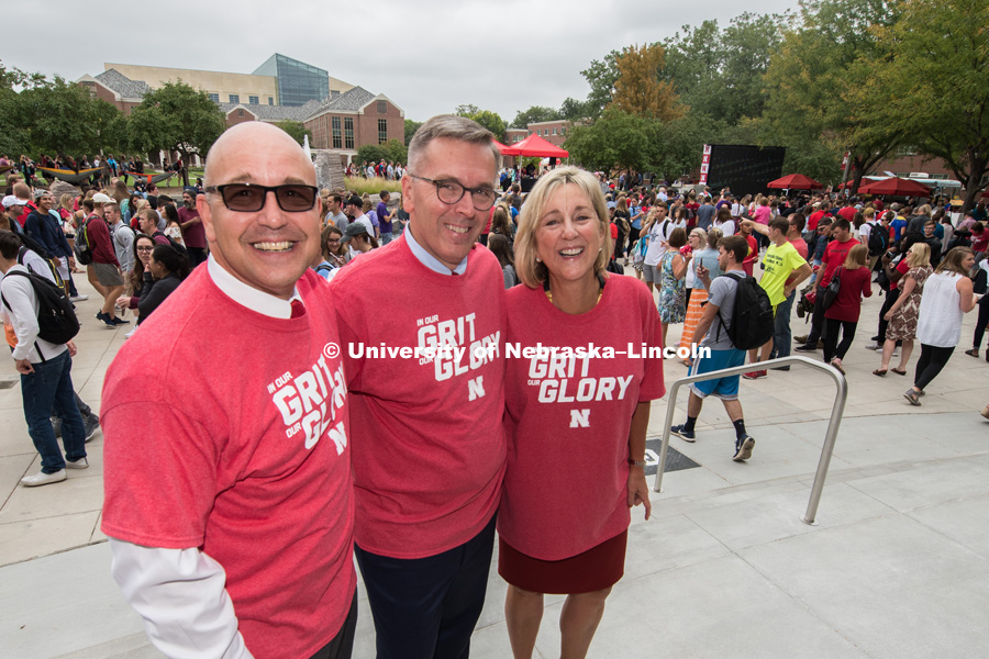 Michael Boehm, IANR Vice Chancellor, Ronnie Green, Chancellor, and Donde Plowman, Executive Vice Chancellor and Chief Academic Officer, pose together in their Grit and Glory shirts at the brand launch party on city campus. In Our Grit, Our Glory brand reveal party on city campus at the Nebraska Union. August 30, 2018. Photo by Greg Nathan, University Communication.