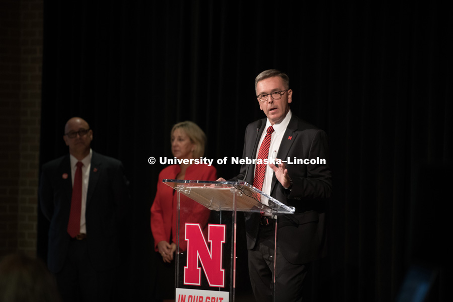 Chancellor Ronnie Green announces the new brand for the University to faculty and staff before the big reveal to the students. In Our Grit, Our Glory brand reveal party on east campus at the Nebraska Union. August 31, 2018. Photo by Greg Nathan, University Communication.