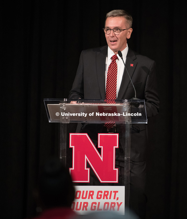 Chancellor Ronnie Green announces the new brand for the University to faculty and staff before the big reveal to the students. In Our Grit, Our Glory brand reveal party on east campus at the Nebraska Union. August 31, 2018. Photo by Greg Nathan, University Communication.