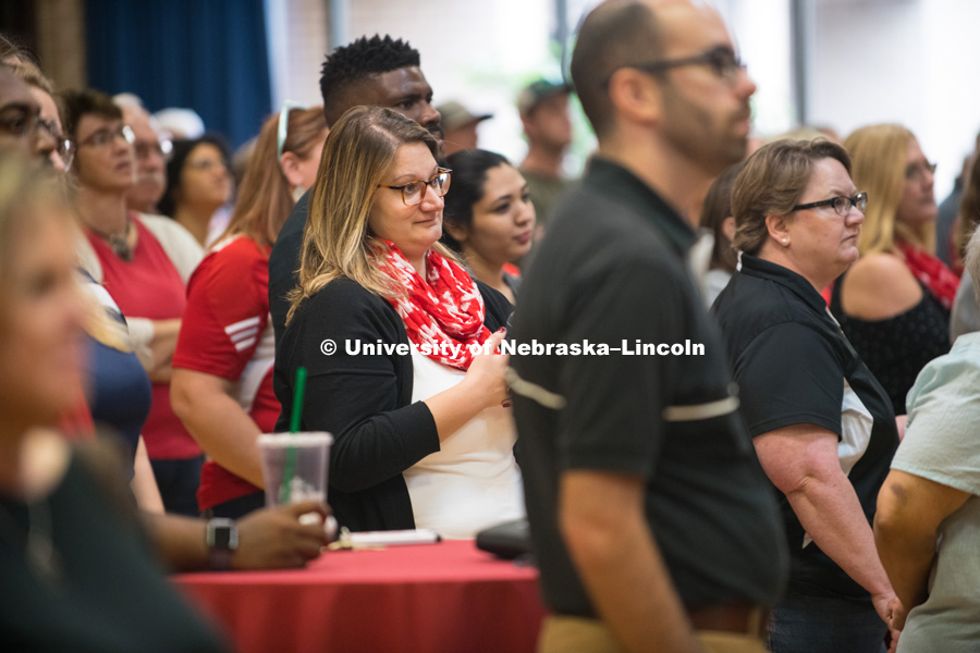 Faculty and staff learn about the new brand before the big reveal to the students. In Our Grit, Our Glory brand reveal party on east campus at the Nebraska Union. August 31, 2018. Photo by Greg Nathan, University Communication.