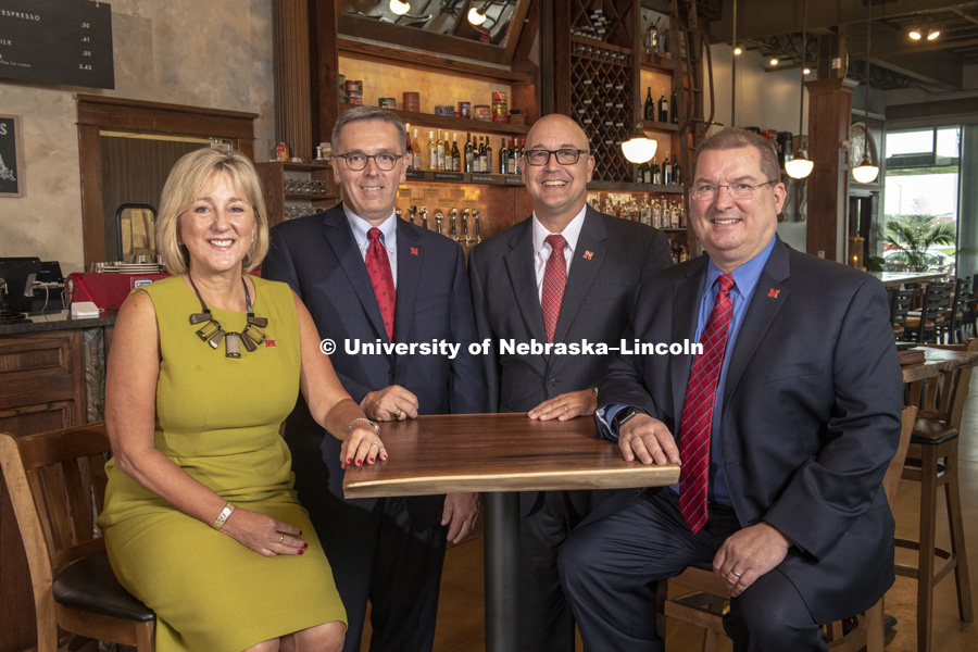 Pictured; Donde Plowman, Executive Vice Chancellor and Chief Academic Officer, Ronnie Green, Chancellor, Michael Boehm, Vice Chancellor of IANR, and Robert "Bob" Wilhelm, Vice Chancellor for Research and Economic Development. September 4, 2018. Photo by Greg Nathan, University Communication.