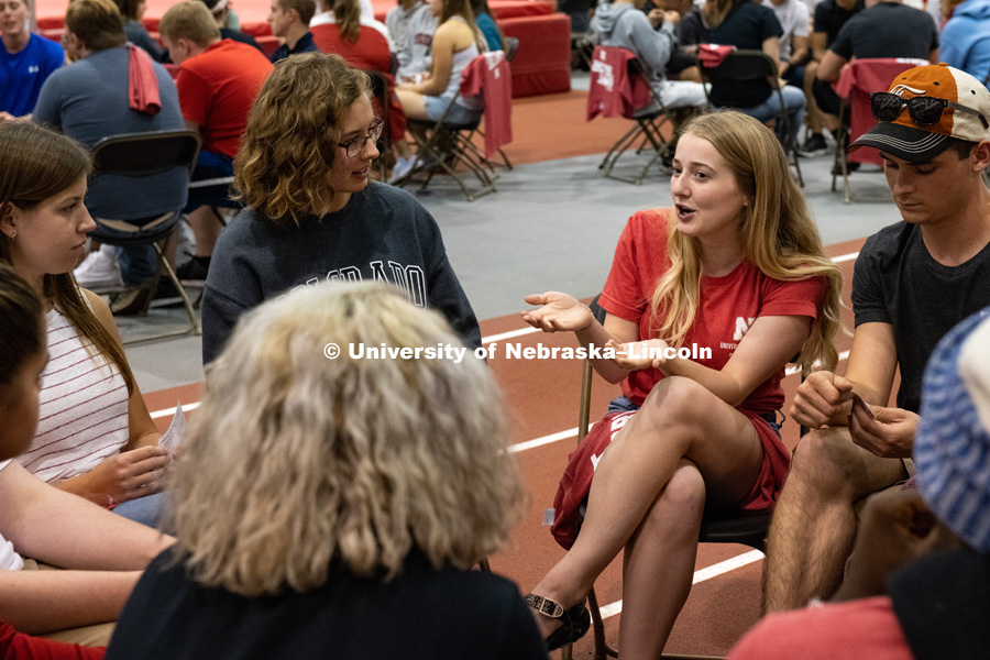 Incoming first-year students participate in Husker Dialogues, a diversity and inclusion event facilitated by more than 370 faculty, staff, and student conversation guides. Husker Dialogues is designed to introduce first-year students to tools they can use to engage in meaningful conversations to help create an inclusive Husker community. September 6, 2018. Photo by Justin Mohling / University Communication.