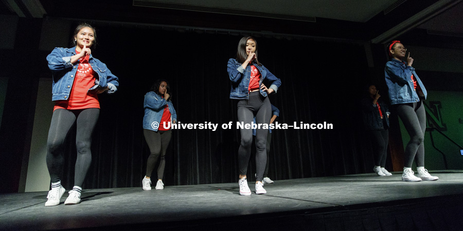 Sigma Psi Beta performs. Their stroll would win the sorority competition. Chapters of Nebraska’s Multicultural Greek Council and National Pan-Hellenic Council compete for best fraternity and sorority stroll. September 7, 2018. Photo by Craig Chandler / University Communication.