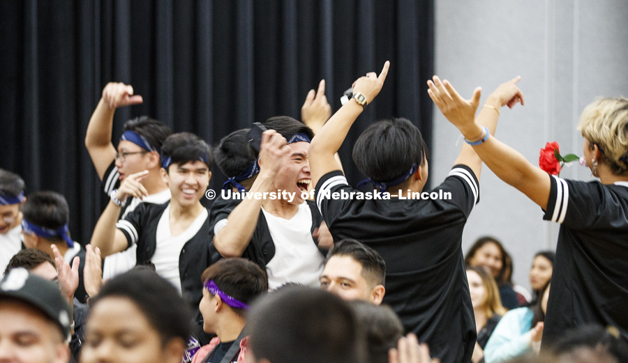 Lambda Phi Epsilon celebrates their win in the fraternity competition. Chapters of Nebraska’s Multicultural Greek Council and National Pan-Hellenic Council compete for best fraternity and sorority stroll. September 7, 2018. Photo by Craig Chandler / University Communication.