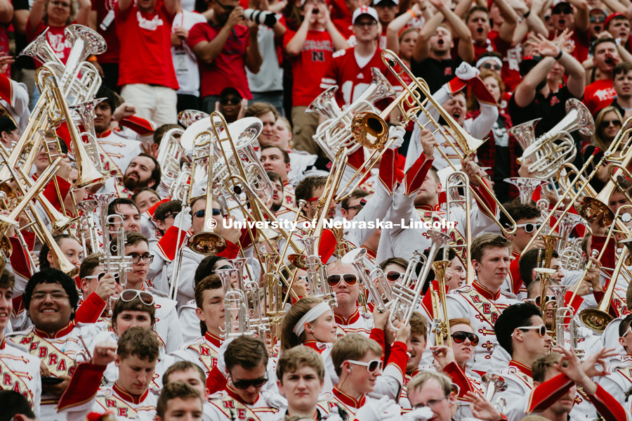 Brass players forming "The Bones" with their instruments. Nebraska vs. Colorado football game in Memorial Stadium. September 8, 2018. Photo by Justin Mohling / University Communication.