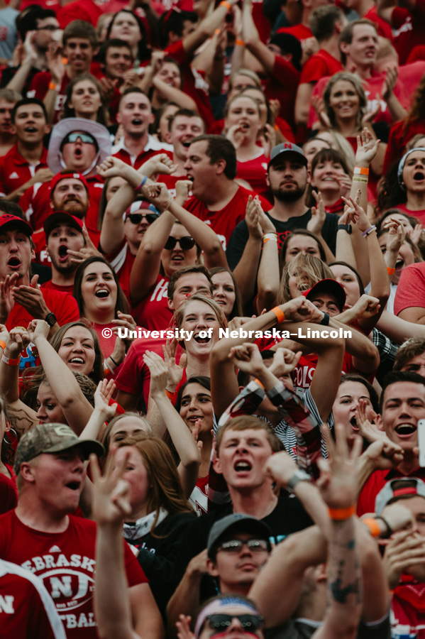 Student section throwing the bones. Nebraska vs. Colorado football game in Memorial Stadium. September 8, 2018. Photo by Justin Mohling / University Communication.