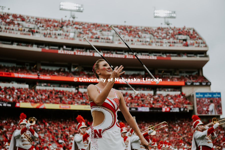 Cornhusker Marching Band during the halftime show. Nebraska vs. Colorado football game in Memorial Stadium. September 8, 2018. Photo by Justin Mohling / University Communication.