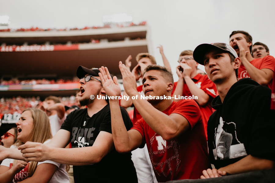 Students cheering the players on at the Nebraska vs. Colorado football game in Memorial Stadium. September 8, 2018. Photo by Justin Mohling / University Communication.