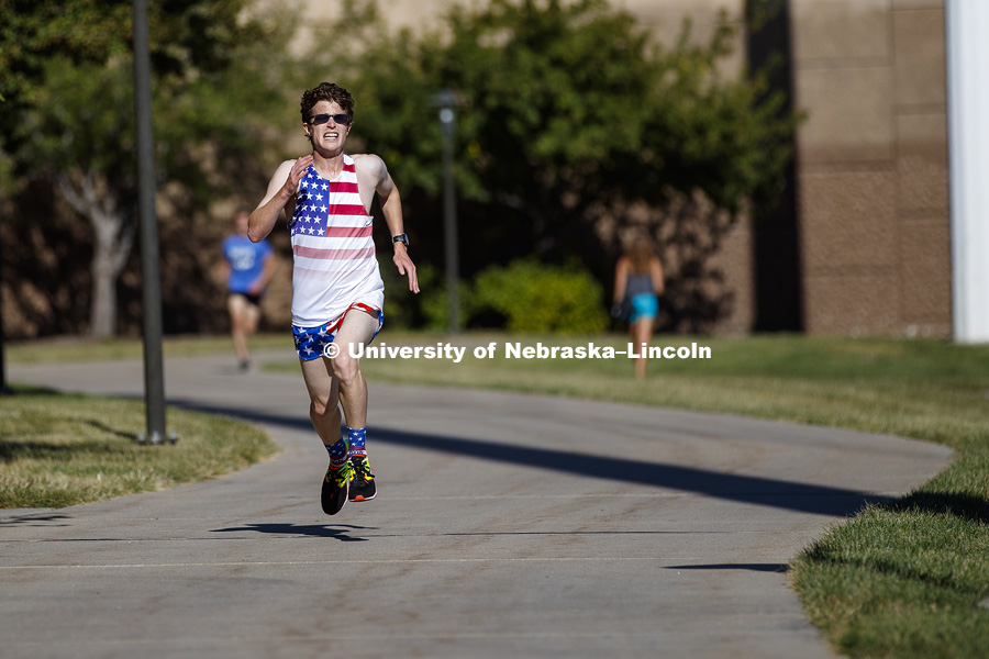 Slade Manning, a junior from Anchorage, Alaska, was the first to cross the finish line. 5k Fun Run/Walk starts off Homecoming Week 2018.  About 180 students participated in the 5K which ran along Antelope Valley Parkway. September 23, 2018. Photo by Craig Chandler / University Communication