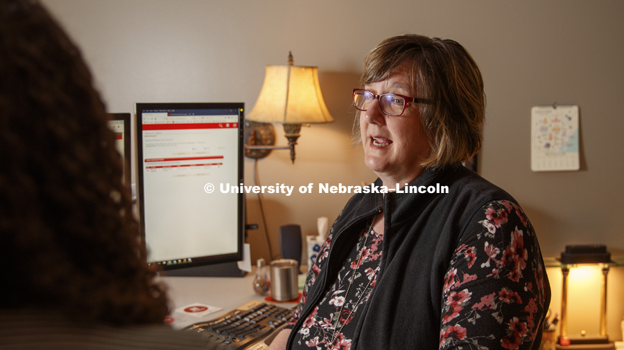 Marybeth Helmink is being honored for 20 years of service to the university. She found her career path as an undergraduate helping fellow Huskers. September 24, 2018. Photo by Craig Chandler / University Communication.