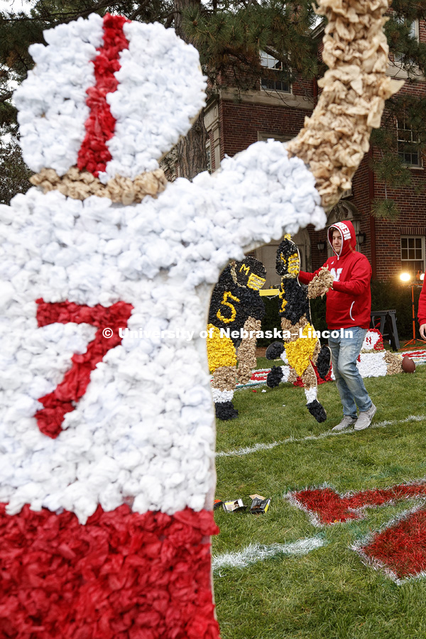 The 1997 Nebraska Missouri game is immortalized in tissue on the lawn of Beta Theta Pi. Homecoming 2018 decorating yard displays. September 27, 2018. Photo by Craig Chandler / University Communication.