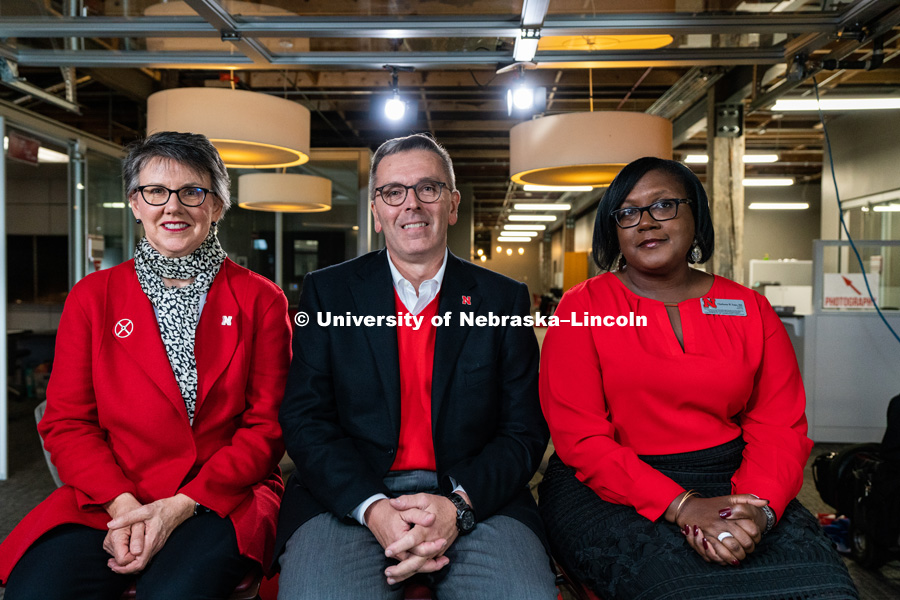 Jane and Chancellor Ronnie Green, and Charlesette Foster promote the United Way fundraiser. October 7, 2018. Photo by Justin Mohling, University Communication.