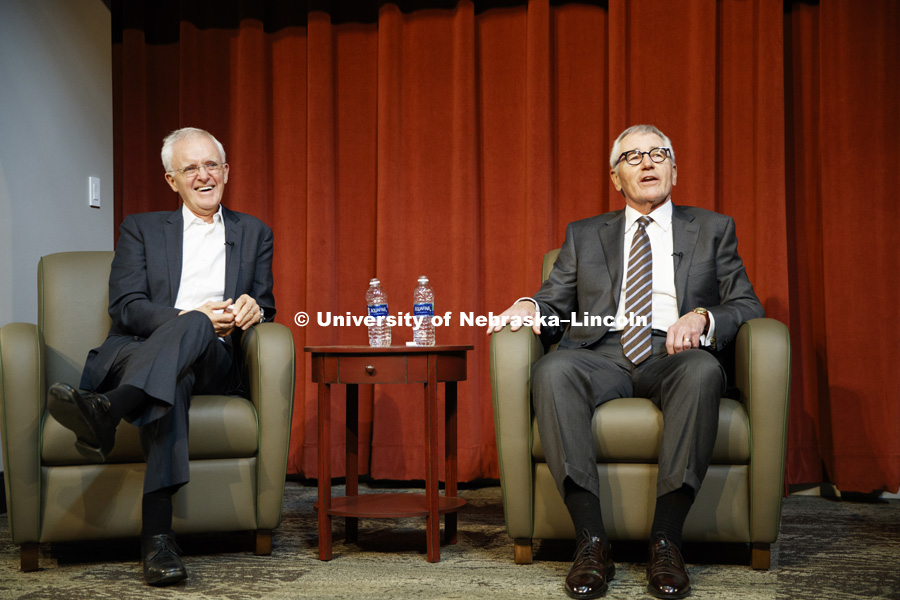 Senators Bob Kerrey and Chuck Hagel participate in a discussion on Stewards of Civil Discourse: Value and Impacts on Nebraska’s Future as part of the Heuermann Lecture series. October 22, 2018. Photo by Craig Chandler / University Communication.