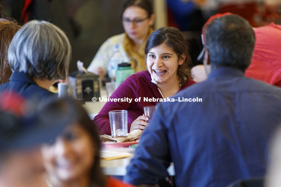 Evelyn Estrada of Newman Grove, NE, eats with other first generation college students at the First Gen Nebraska: Share A Meal event in Selleck Dining Hall. October 23, 2018. Photo by Craig Chandler / University Communication.