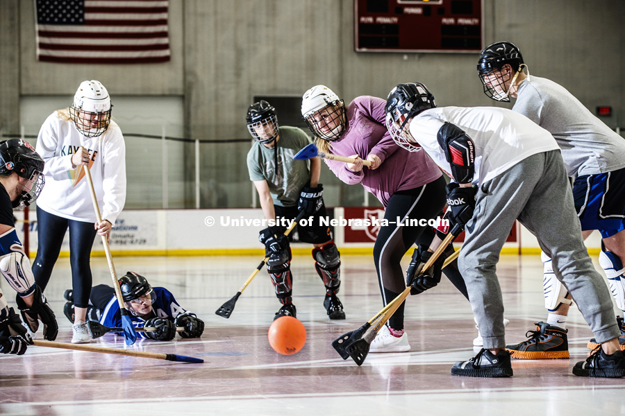 Hope Wilke powers the ball toward the goal during a pick-up broomball game between intramural and UNL club members. Wilke is a senior biological science major and 2017 fall semester intramural broomball champion. October 24, 2018. Photo by Craig Chandler / University Communication.