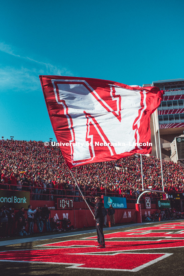 N flag after a touchdown. Nebraska vs. Bethune-Cookman football in Memorial Stadium. October 27, 2018. Photo by Justin Mohling / University Communication.