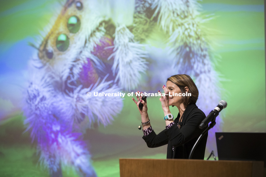 Eileen Hebets delivers the Fall Nebraska Lecture with Eileen Hebets: “Using Arachnids to Inspire D.R.E.A.M.S.”. November 7, 2018. Photo by Craig Chandler / University Communication.