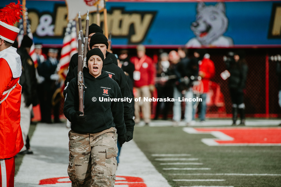Pershing Rifles marching down field. Nebraska vs. Illinois football in Memorial Stadium. November 10, 2018. Photo by Justin Mohling / University Communication.