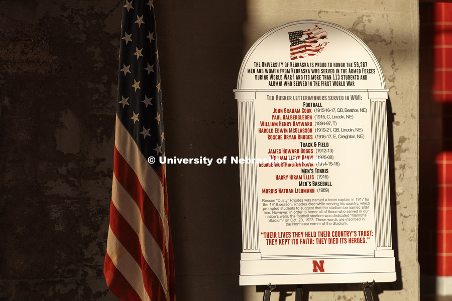 A poster displaying the Husker letter winners who served during the war. A new display commemorating the World War I service of Nebraskans and University of Nebraska students was dedicated during a November 11 ceremony at Memorial Stadium. November 11, 2018. Photo by Craig Chandler / University Communication.