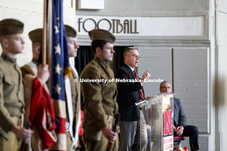 Chancellor Ronnie Green gives his remarks. A new display commemorating the World War I service of Nebraskans and University of Nebraska students was dedicated during a November 11 ceremony at Memorial Stadium. November 11, 2018. Photo by Craig Chandler / University Communication.