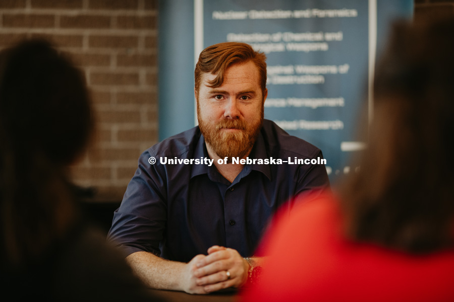 Dr. Tyler White (Political Science), has developed a "war game" for about 40 UNL students focused on risk mitigation and conflict escalation in a world where both cyber and nuclear threats are a growing issue. November 16, 2018. Photo by Justin Mohling, University Communication.
