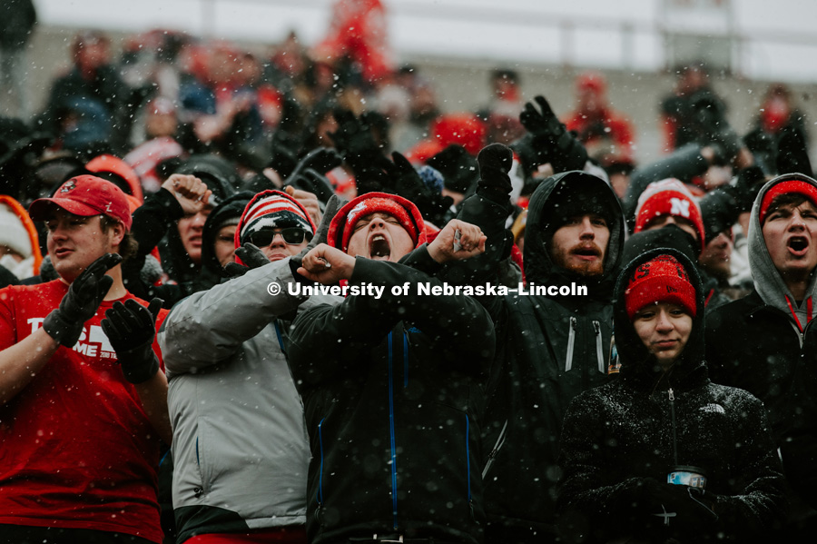 Fans bundled up for the cold and snowy Nebraska vs. Michigan State University football game in Memorial Stadium. November 17, 2018. Photo by Justin Mohling / University Communication.